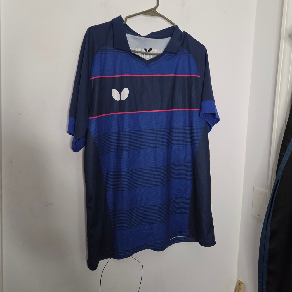 Butterfly Table Tennis Jersey Blue Striped Short Sleeve Shirt Mens 3XL Fits XL